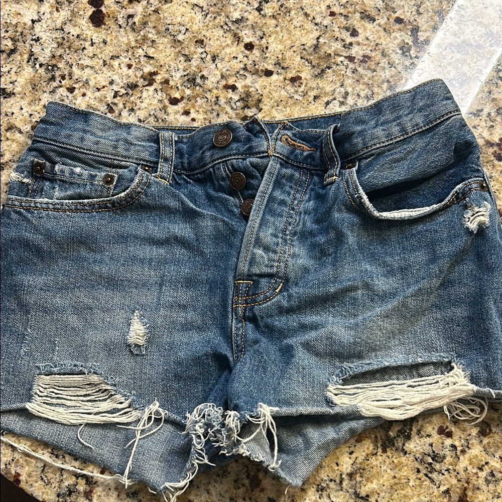 Free People Blue Distressed Jean Shorts